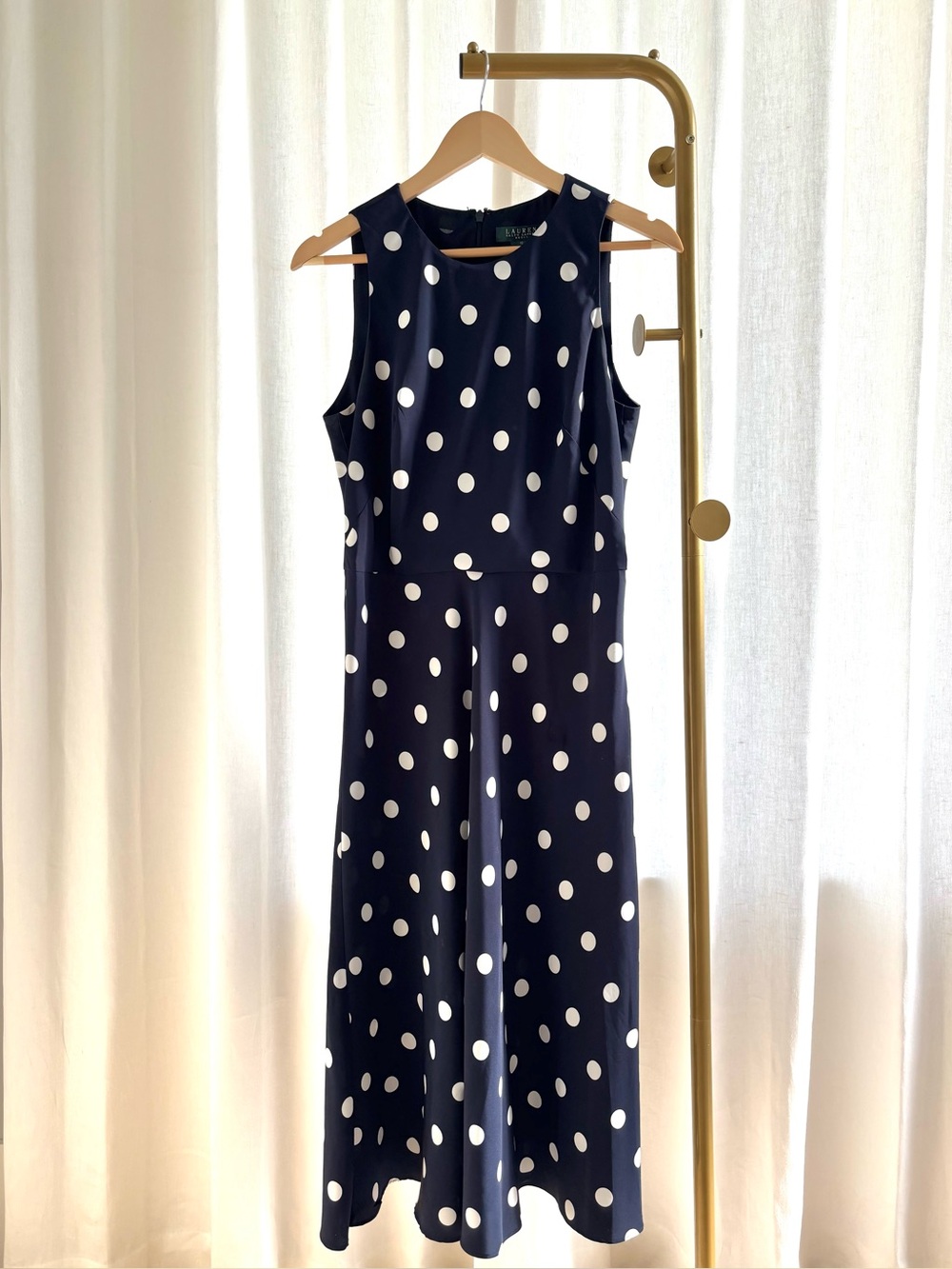 Ralph Lauren Navy and White Polka Dot Sleeveless Maxi Dress